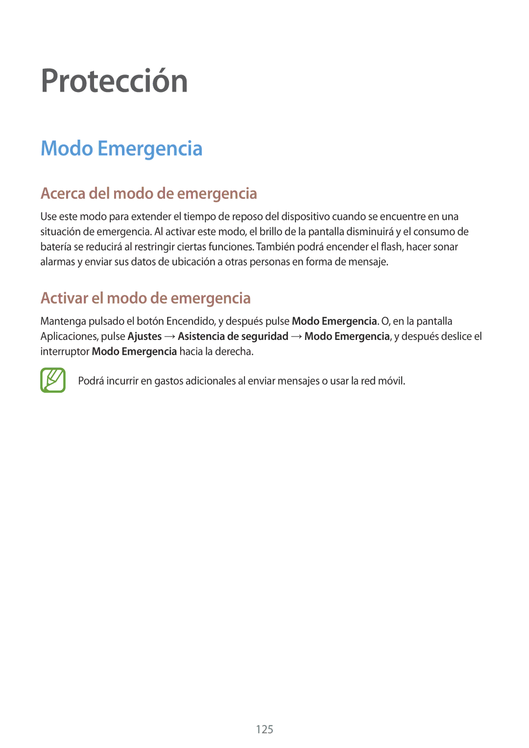 Samsung SM-G901FZKAATL manual Protección, Modo Emergencia, Acerca del modo de emergencia, Activar el modo de emergencia 