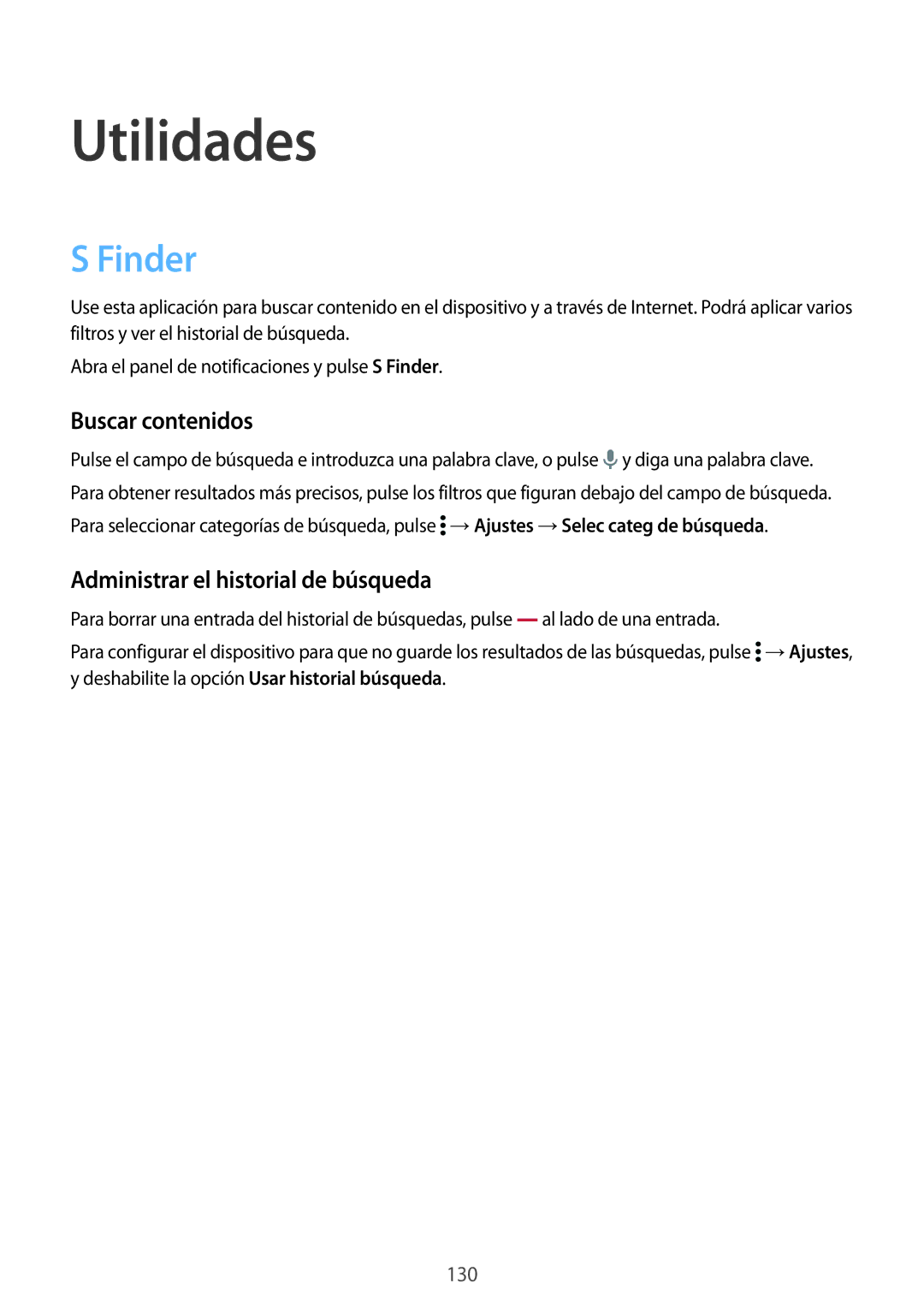 Samsung SM-G901FZDAATL, SM-G901FZBADTM manual Utilidades, Finder, Buscar contenidos, Administrar el historial de búsqueda 