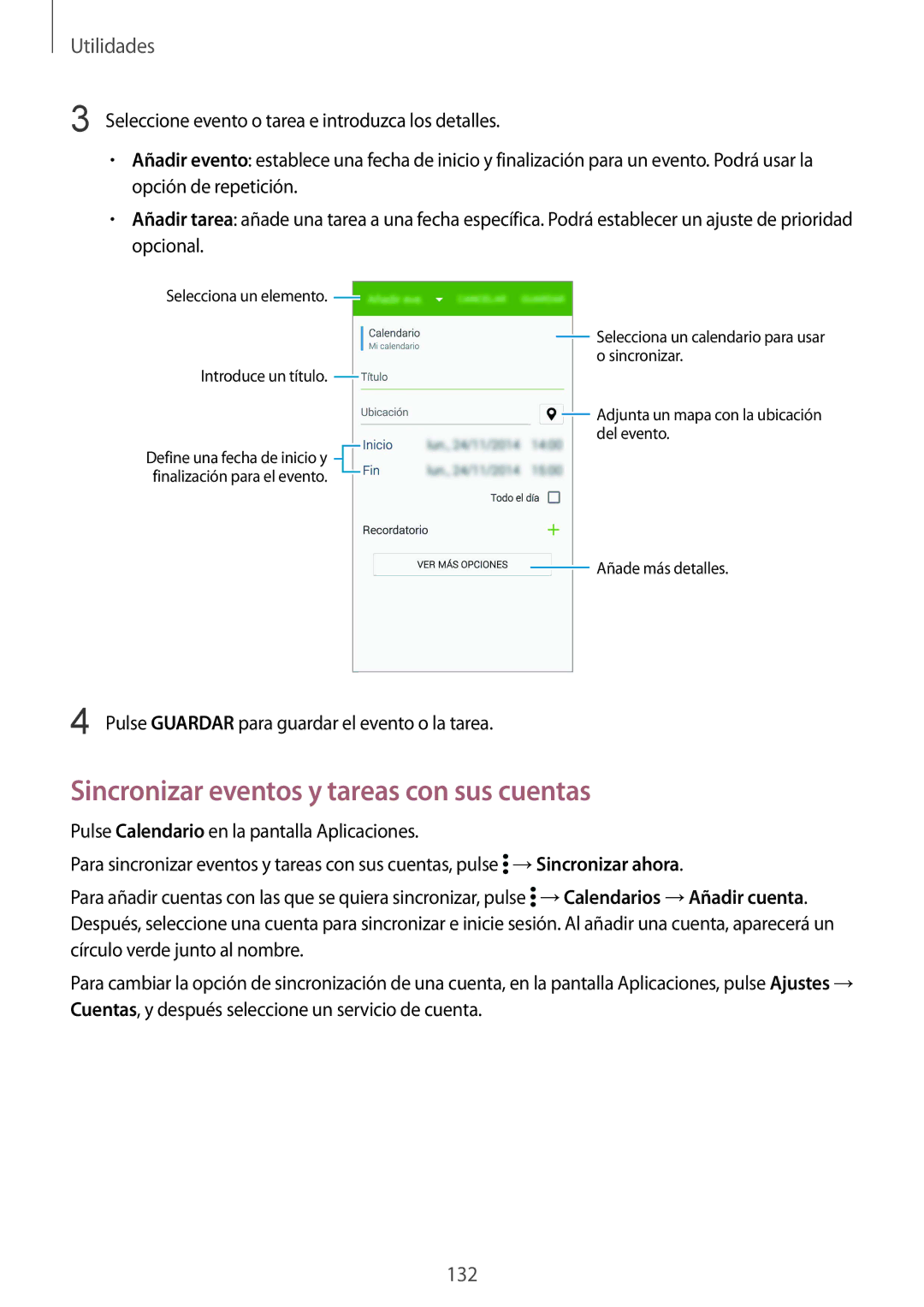 Samsung SM-G901FZKAATL, SM-G901FZBADTM, SM-G901FZKADBT, SM-G901FZDADTM manual Sincronizar eventos y tareas con sus cuentas 