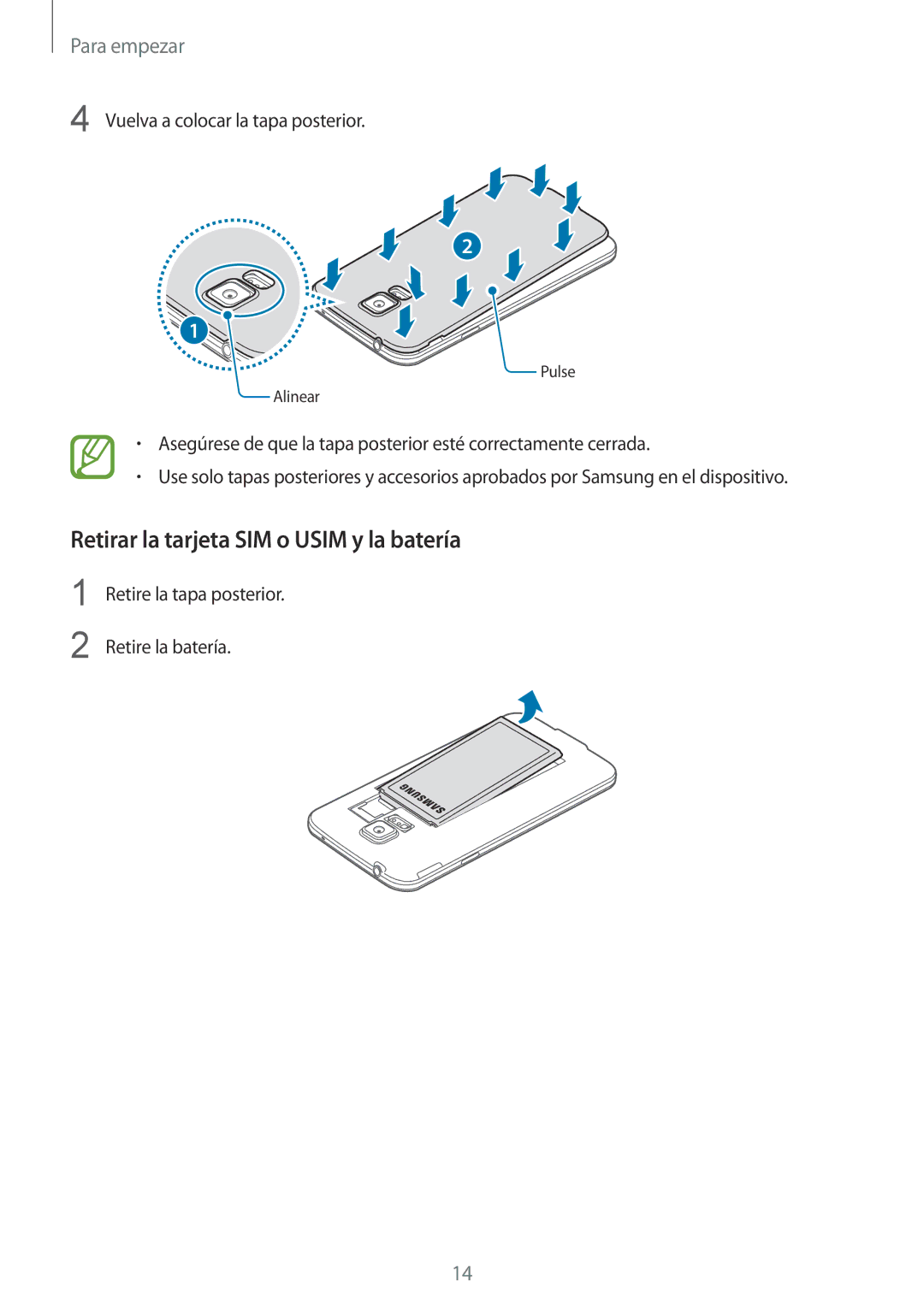 Samsung SM-G901FZBADTM, SM-G901FZKADBT, SM-G901FZDADTM, SM-G901FZKABOG manual Retirar la tarjeta SIM o Usim y la batería 