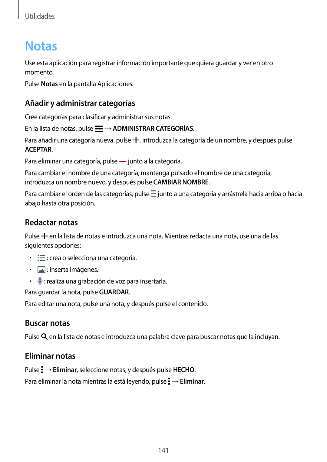 Samsung SM-G901FZKADBT manual Notas, Añadir y administrar categorías, Redactar notas, Buscar notas, Eliminar notas 