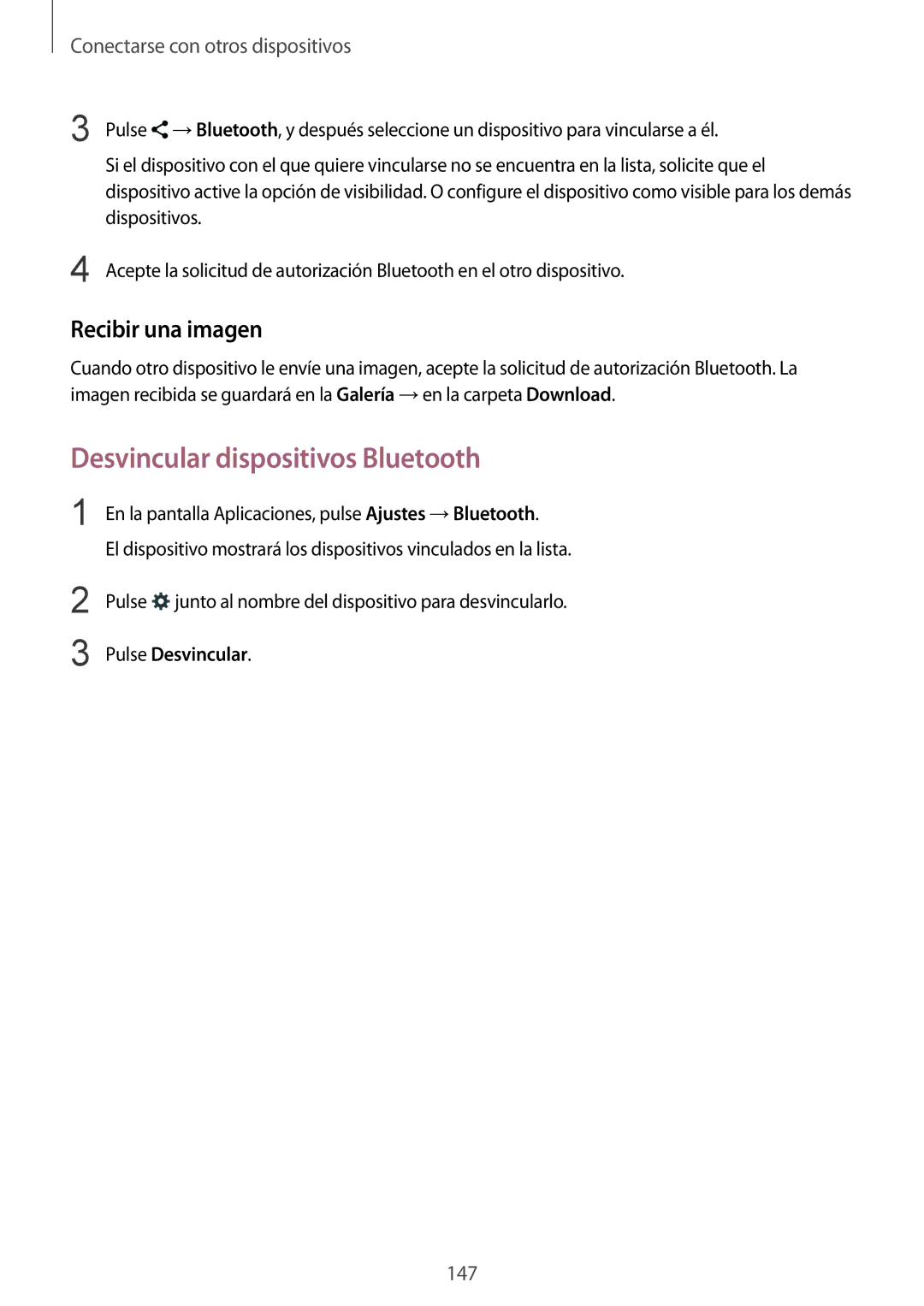 Samsung SM-G901FZBADTM, SM-G901FZKADBT manual Desvincular dispositivos Bluetooth, Recibir una imagen, Pulse Desvincular 