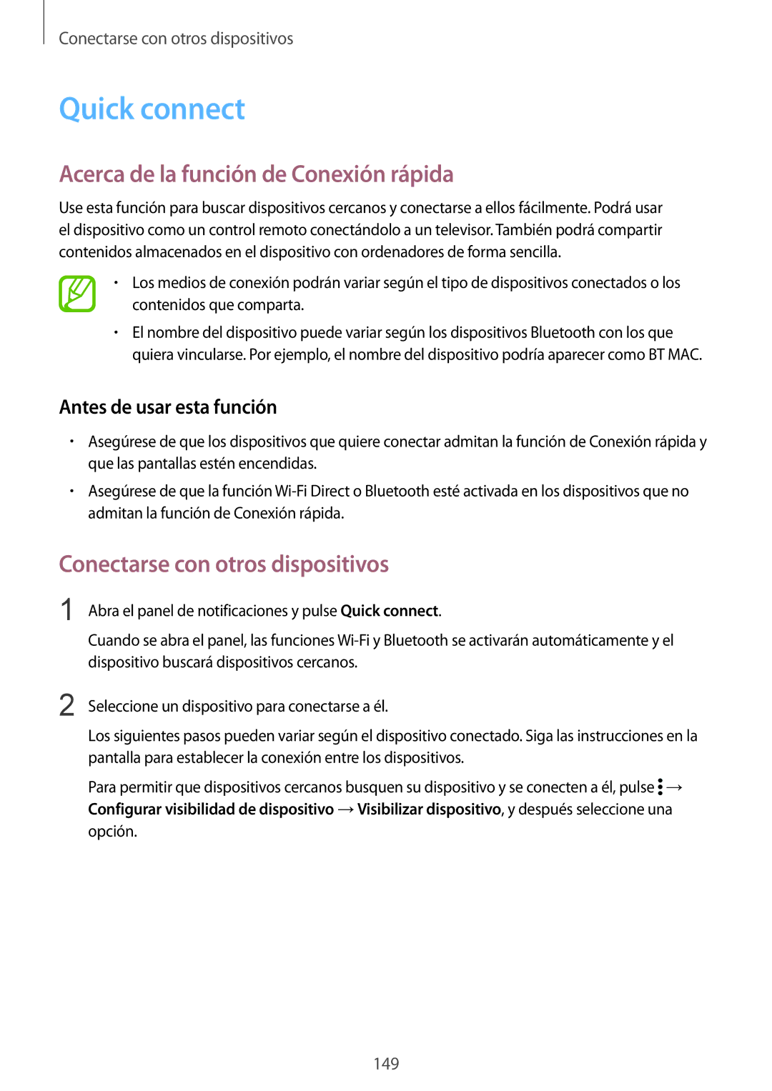 Samsung SM-G901FZDADTM manual Quick connect, Acerca de la función de Conexión rápida, Conectarse con otros dispositivos 