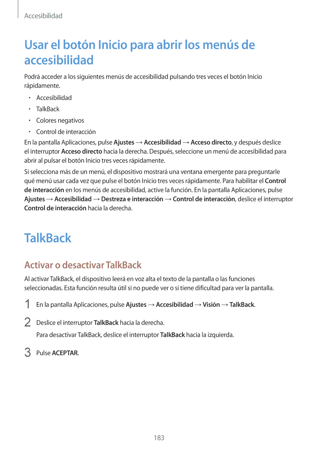 Samsung SM-G901FZKADBT manual Usar el botón Inicio para abrir los menús de accesibilidad, Activar o desactivar TalkBack 