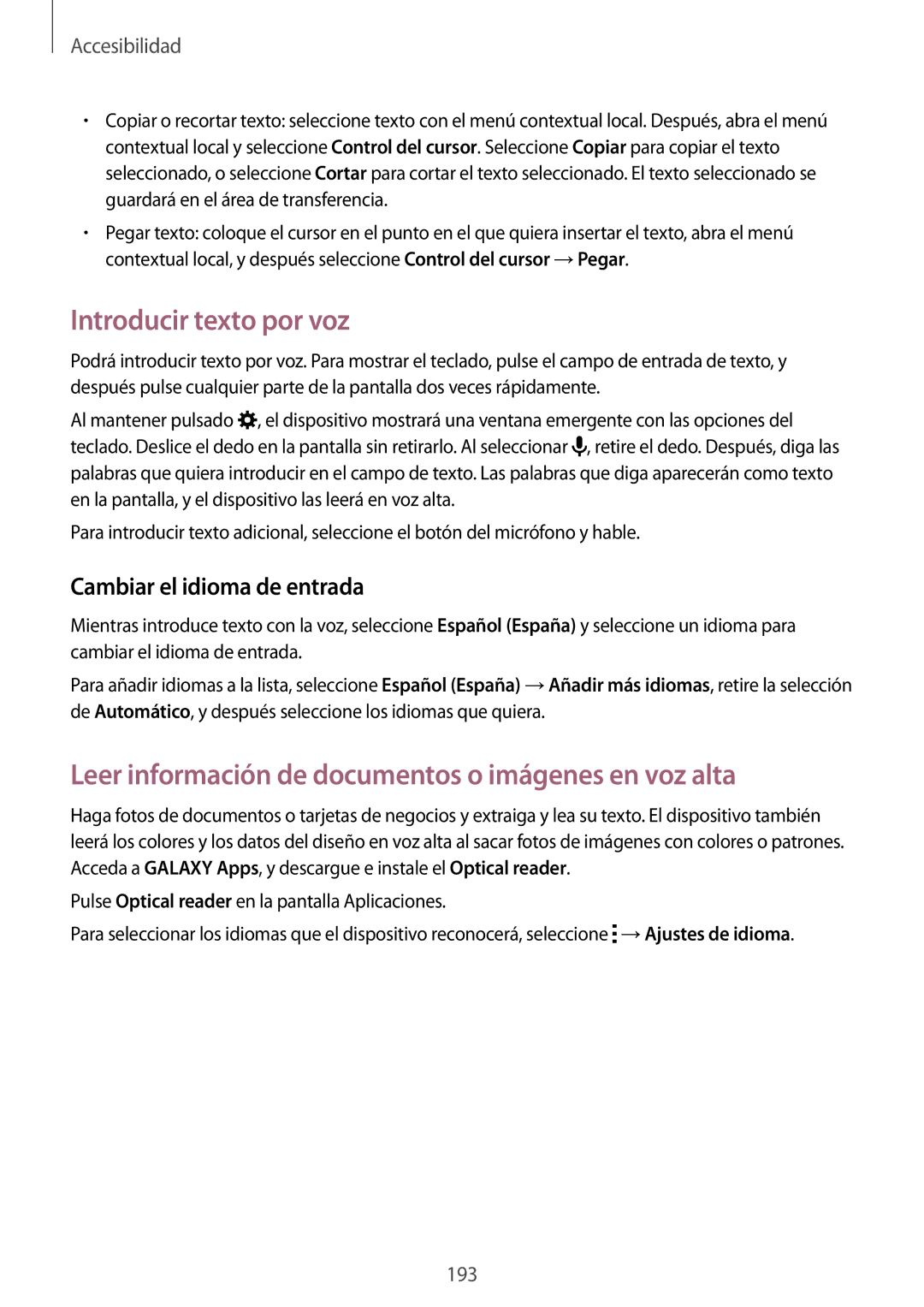 Samsung SM-G901FZDAATL, SM-G901FZBADTM Introducir texto por voz, Leer información de documentos o imágenes en voz alta 