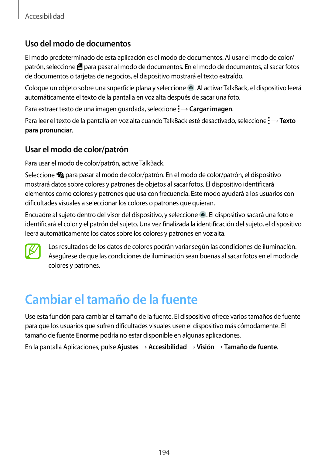 Samsung SM-G901FZWAATL manual Cambiar el tamaño de la fuente, Uso del modo de documentos, Usar el modo de color/patrón 