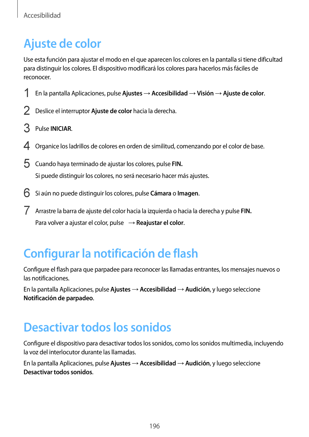 Samsung SM-G901FZBADTM, SM-G901FZKADBT Ajuste de color, Configurar la notificación de flash, Desactivar todos los sonidos 