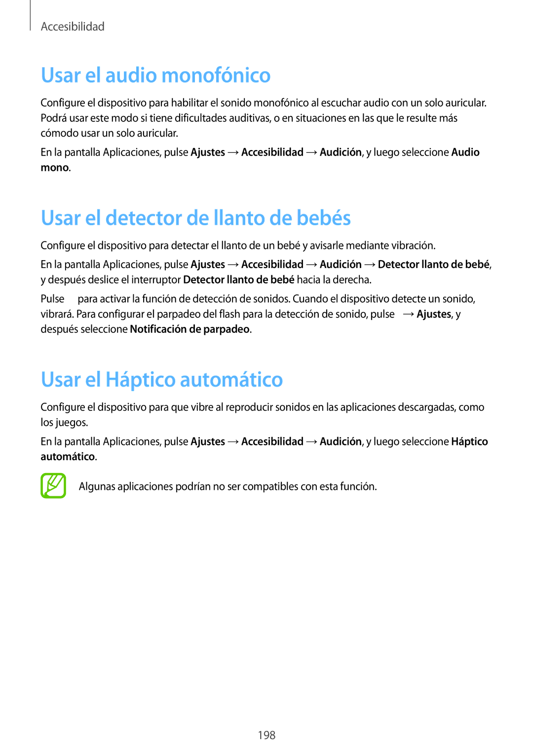 Samsung SM-G901FZDADTM manual Usar el audio monofónico, Usar el detector de llanto de bebés, Usar el Háptico automático 