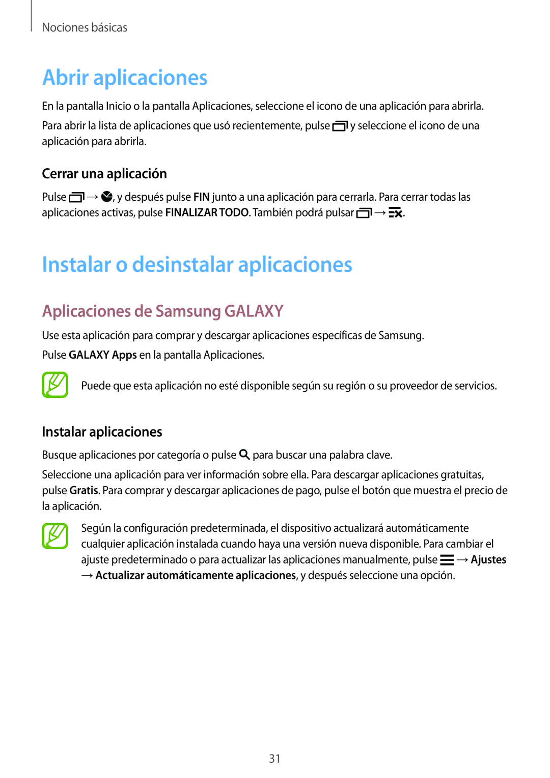 Samsung SM-G901FZKABOG manual Abrir aplicaciones, Instalar o desinstalar aplicaciones, Aplicaciones de Samsung Galaxy 