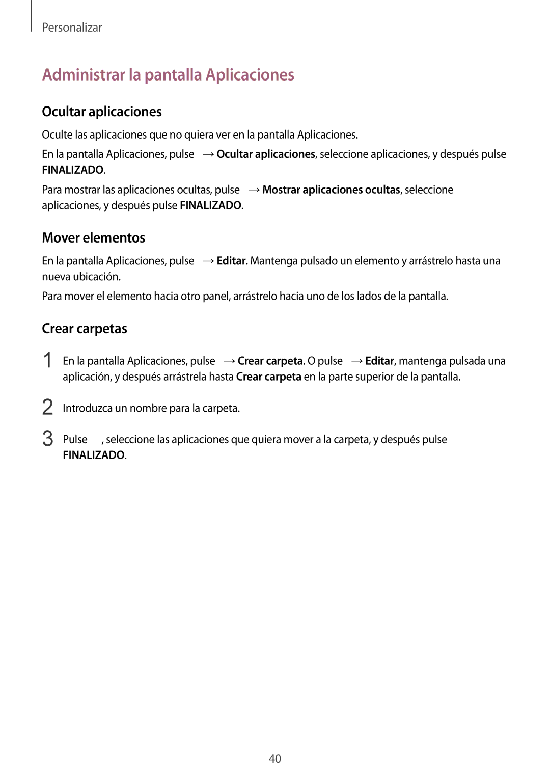 Samsung SM-G901FZWAATL manual Administrar la pantalla Aplicaciones, Ocultar aplicaciones, Mover elementos, Crear carpetas 