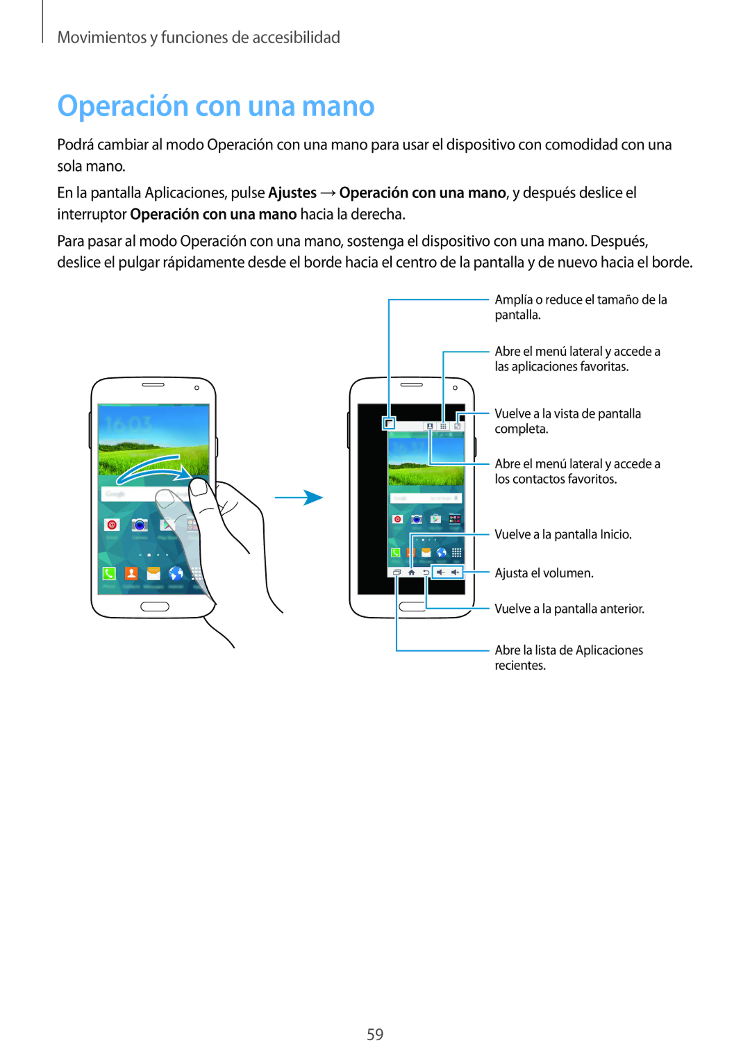 Samsung SM-G901FZKABOG, SM-G901FZBADTM, SM-G901FZKADBT, SM-G901FZDADTM, SM-G901FZDAATL, SM-G901FZWAATL Operación con una mano 