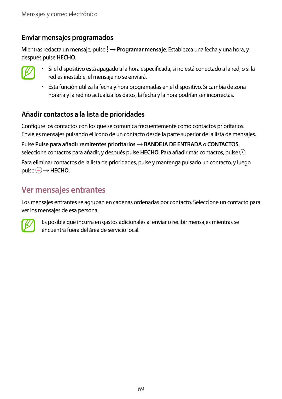 Samsung SM-G901FZKAATL Ver mensajes entrantes, Enviar mensajes programados, Añadir contactos a la lista de prioridades 