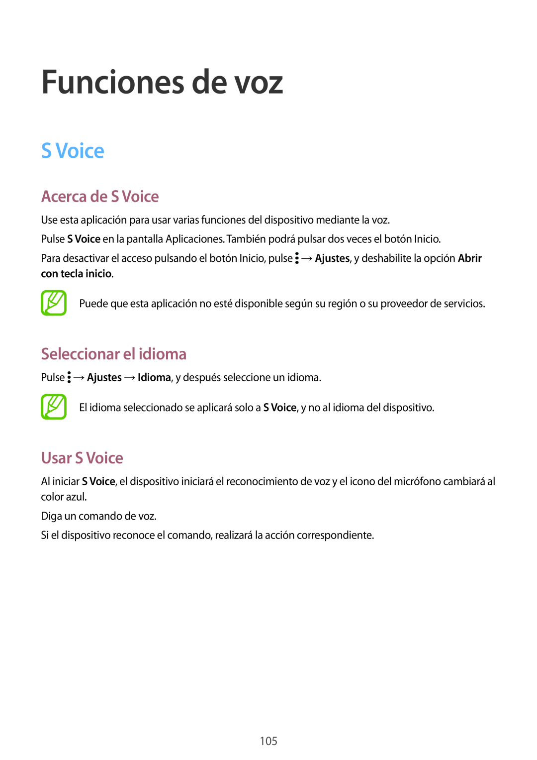 Samsung SM-G901FZBADTM, SM-G901FZKADBT manual Funciones de voz, Acerca de S Voice, Seleccionar el idioma, Usar S Voice 