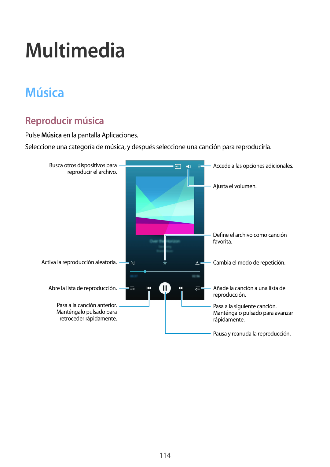 Samsung SM-G901FZDADTM manual Multimedia, Música, Reproducir música, reproducir el archivo, Ajusta el volumen, favorita 