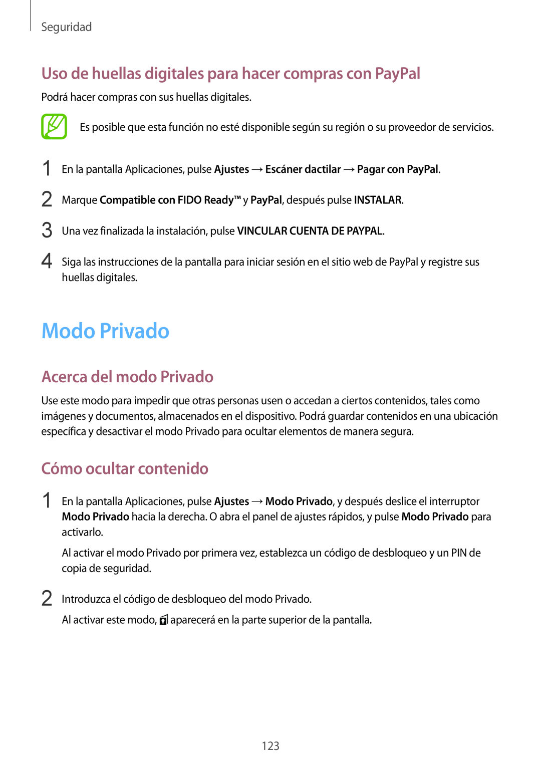 Samsung SM-G901FZDAATL manual Modo Privado, Uso de huellas digitales para hacer compras con PayPal, Acerca del modo Privado 