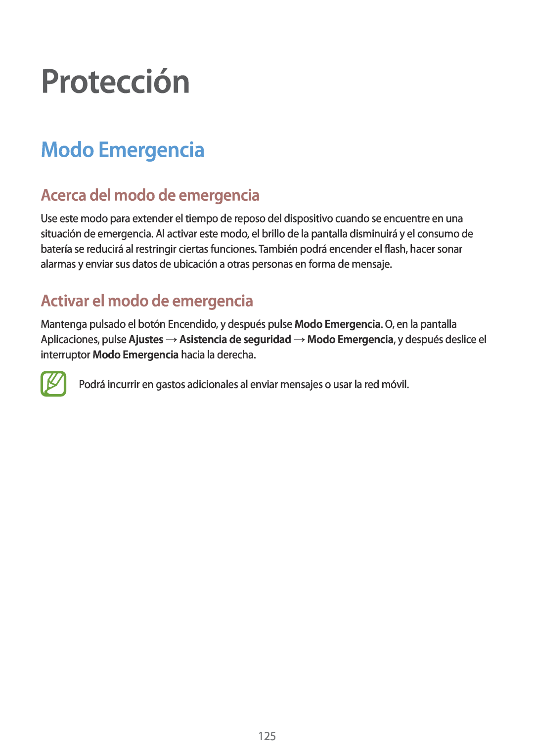 Samsung SM-G901FZKAATL manual Protección, Modo Emergencia, Acerca del modo de emergencia, Activar el modo de emergencia 