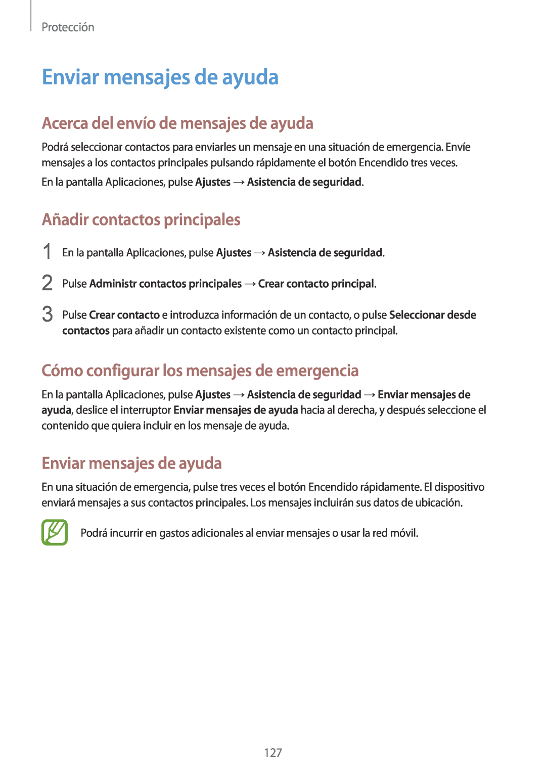 Samsung SM-G901FZKADBT manual Enviar mensajes de ayuda, Acerca del envío de mensajes de ayuda, Añadir contactos principales 