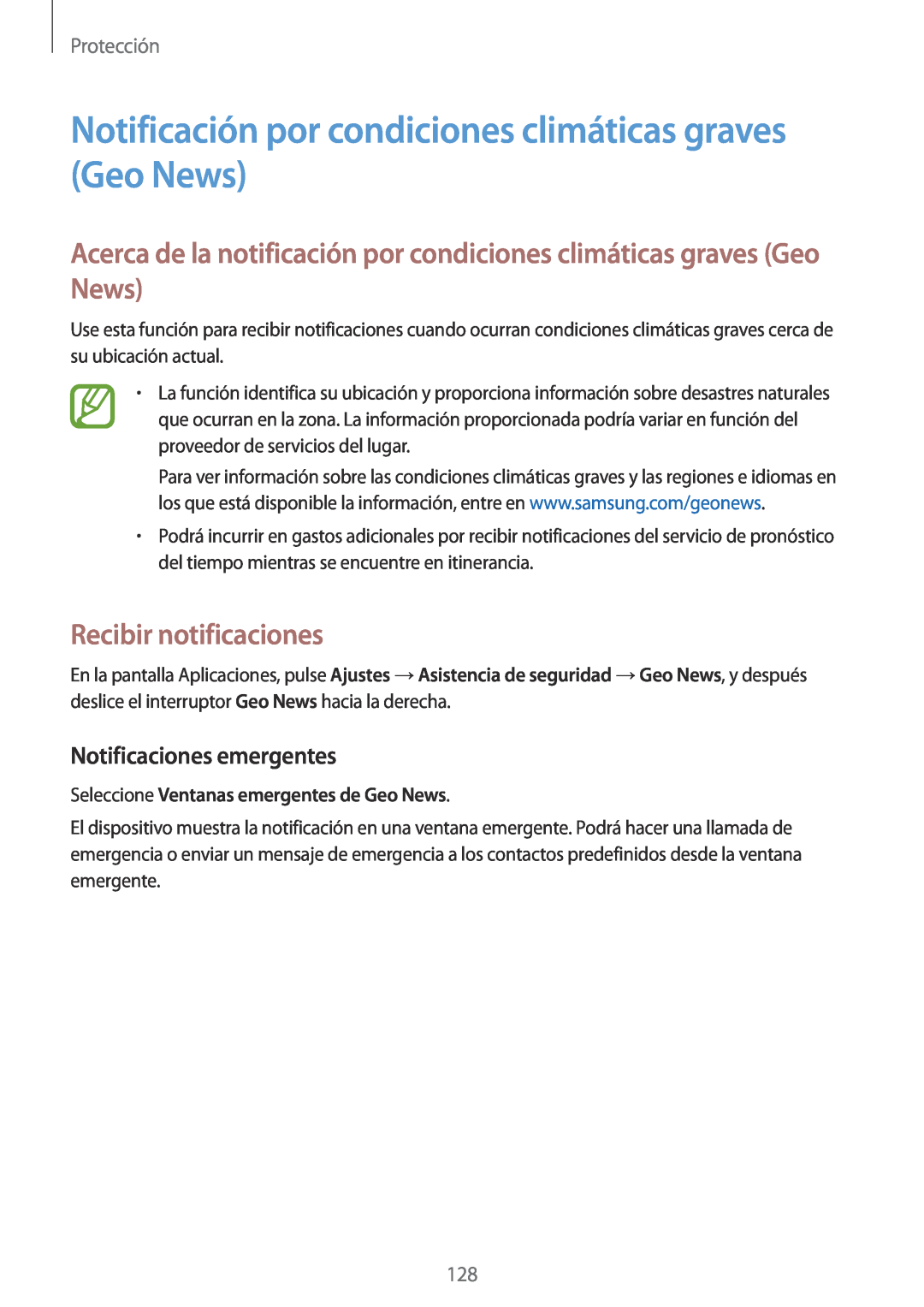 Samsung SM-G901FZDADTM manual Notificación por condiciones climáticas graves Geo News, Recibir notificaciones, Protección 