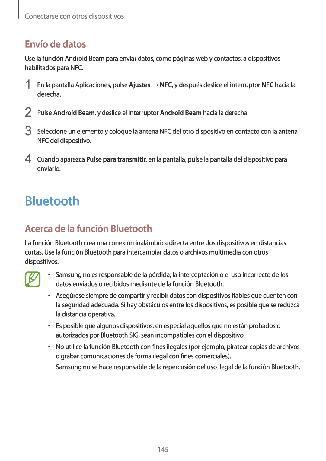 Samsung SM-G901FZWAATL manual Envío de datos, Acerca de la función Bluetooth, Conectarse con otros dispositivos 