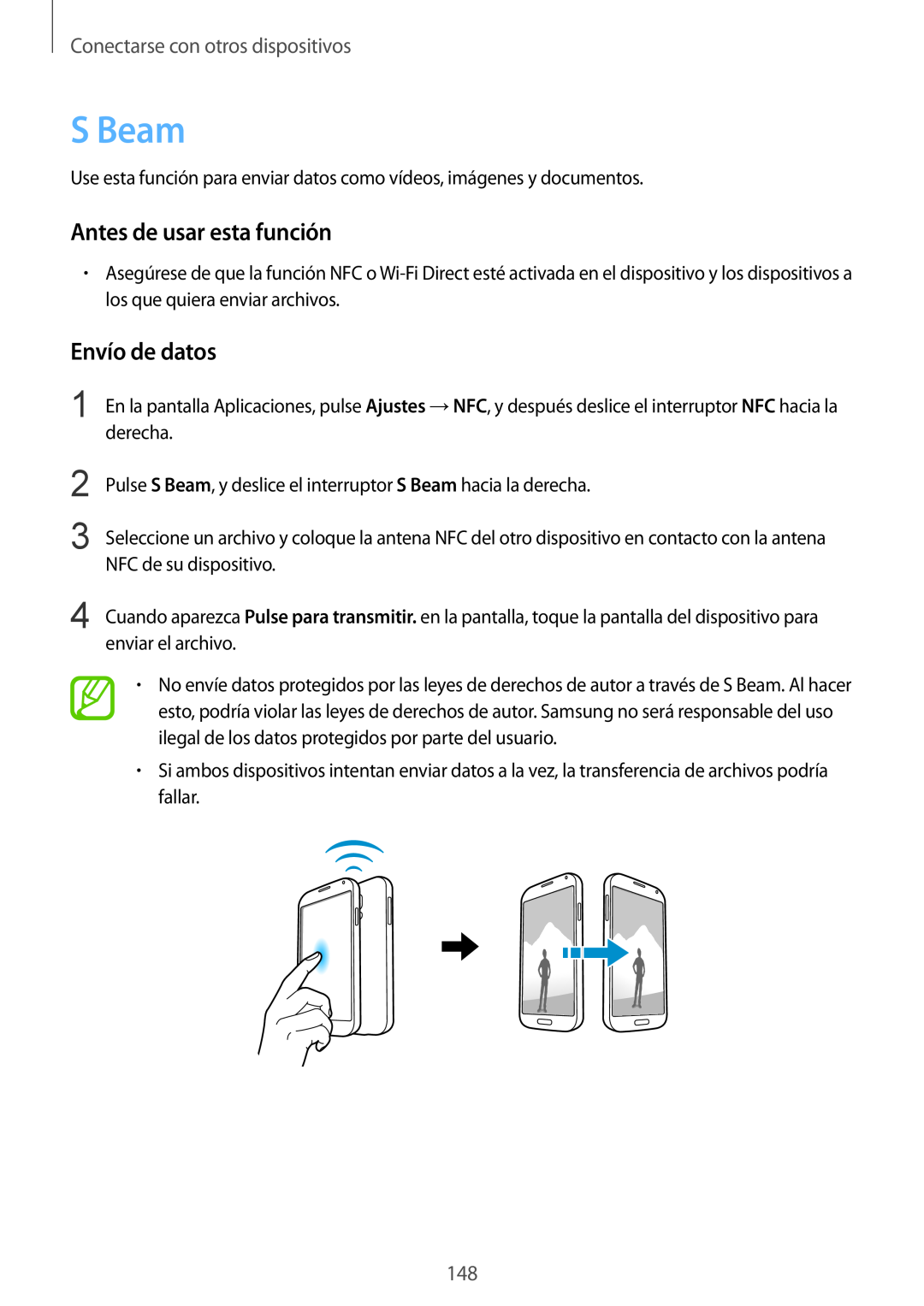 Samsung SM-G901FZKADBT manual S Beam, Envío de datos, Antes de usar esta función, Conectarse con otros dispositivos 