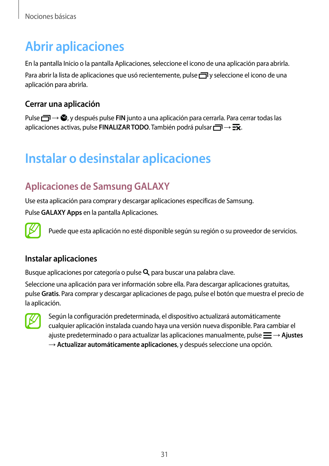 Samsung SM-G901FZKABOG manual Abrir aplicaciones, Instalar o desinstalar aplicaciones, Aplicaciones de Samsung GALAXY 