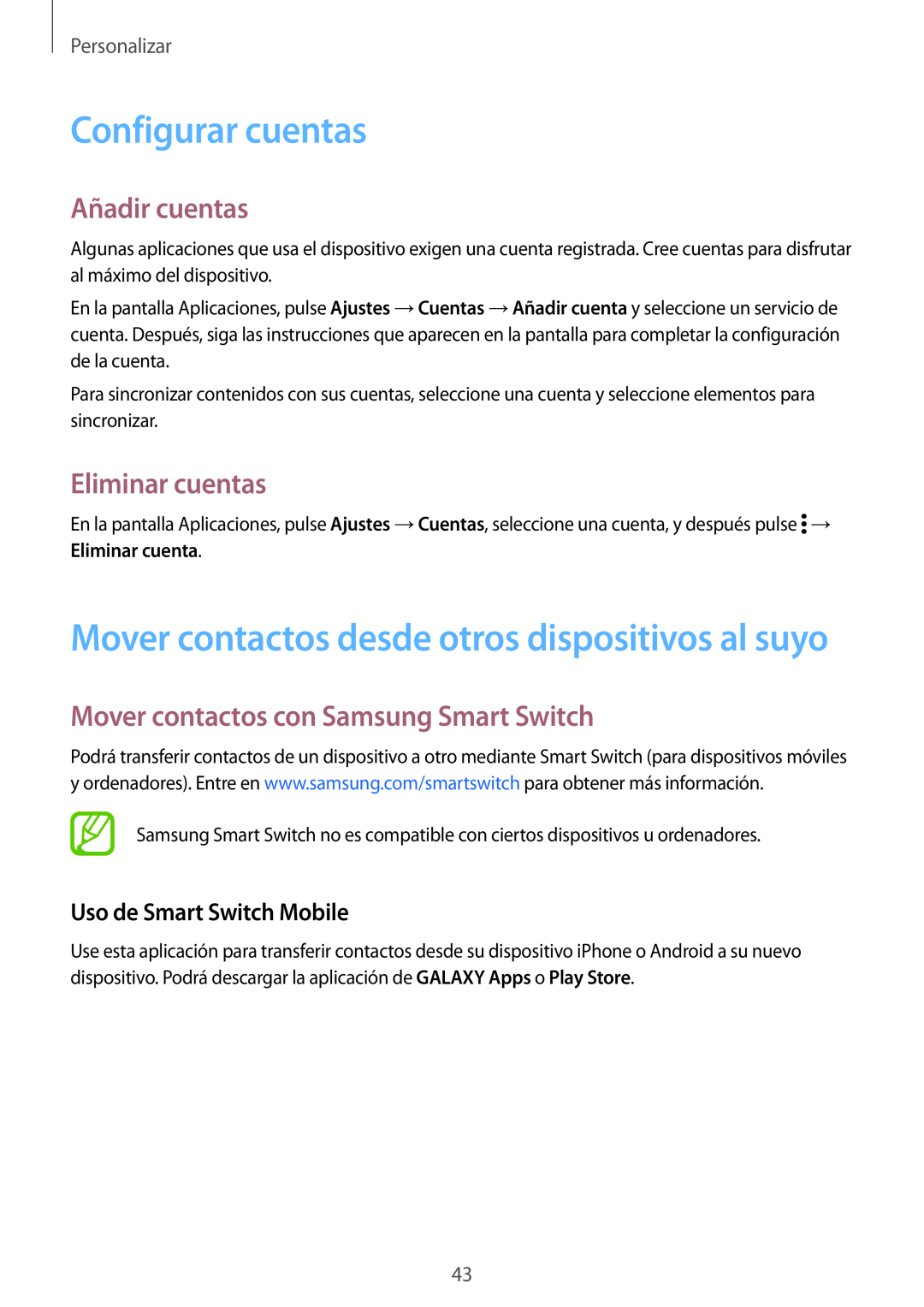 Samsung SM-G901FZKADBT Configurar cuentas, Mover contactos desde otros dispositivos al suyo, Añadir cuentas, Personalizar 