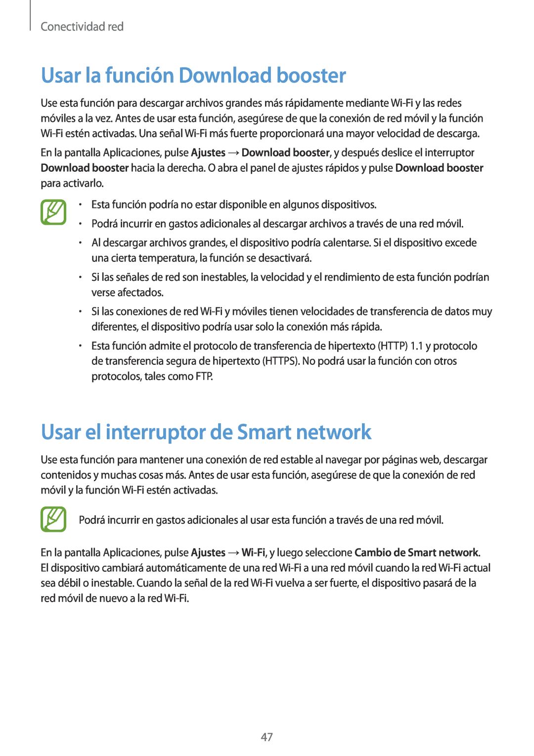 Samsung SM-G901FZWAATL manual Usar la función Download booster, Usar el interruptor de Smart network, Conectividad red 