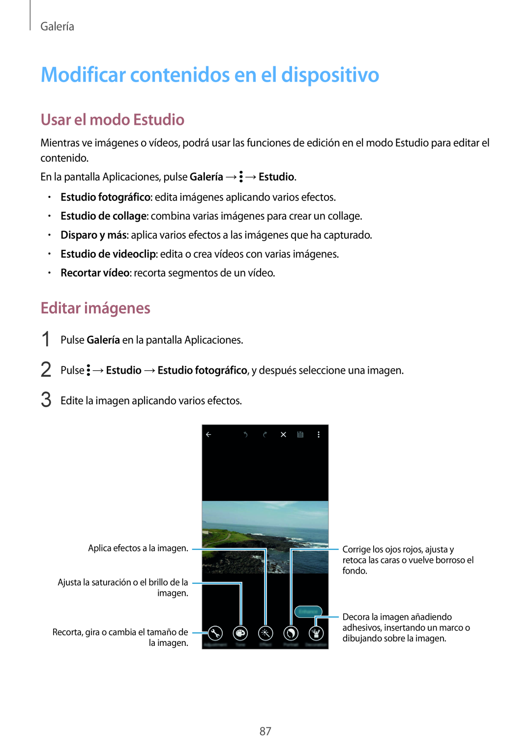 Samsung SM-G901FZKABOG manual Modificar contenidos en el dispositivo, Usar el modo Estudio, Editar imágenes, Galería 