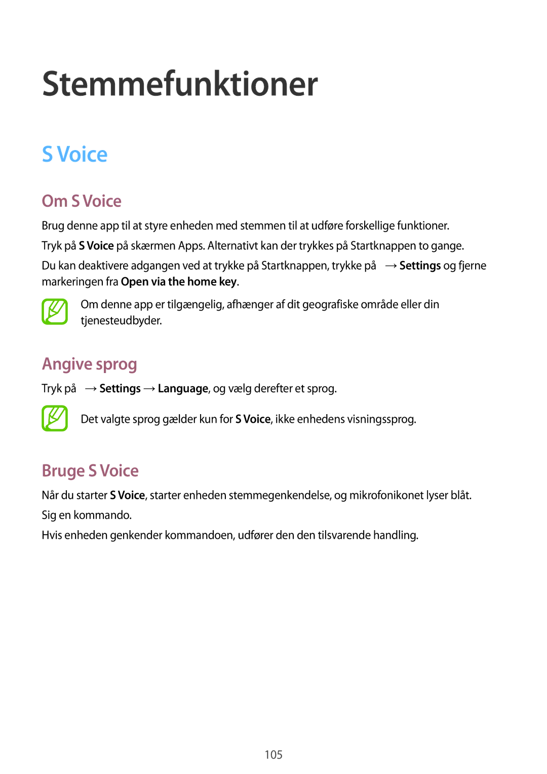 Samsung SM-G901FZWANEE, SM-G901FZBANEE, SM-G901FZKATEN manual Stemmefunktioner, Om S Voice, Angive sprog, Bruge S Voice 