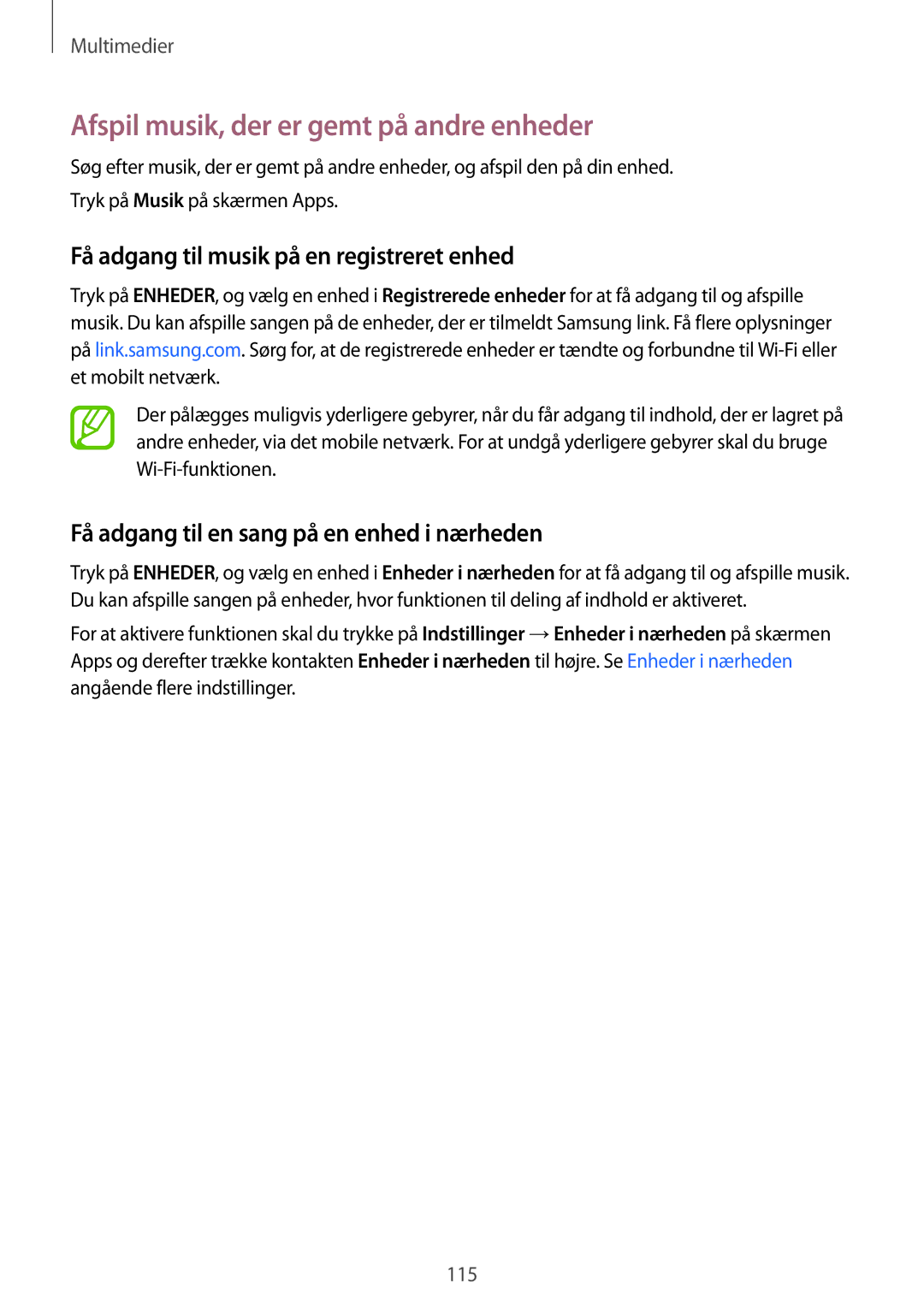 Samsung SM-G901FZDATEN manual Afspil musik, der er gemt på andre enheder, Få adgang til musik på en registreret enhed 