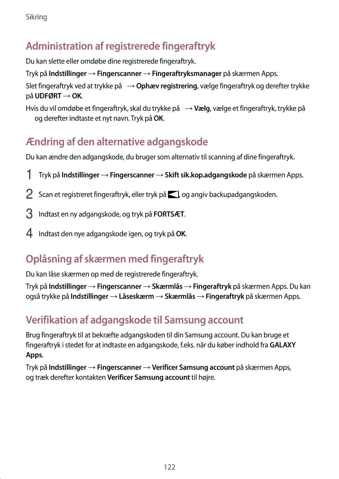 Samsung SM-G901FZKATEN manual Administration af registrerede fingeraftryk, Ændring af den alternative adgangskode, Apps 