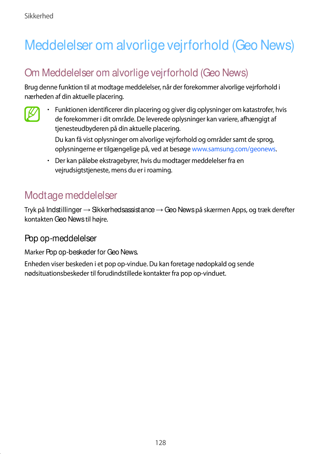 Samsung SM-G901FZBANEE manual Om Meddelelser om alvorlige vejrforhold Geo News, Modtage meddelelser, Pop op-meddelelser 