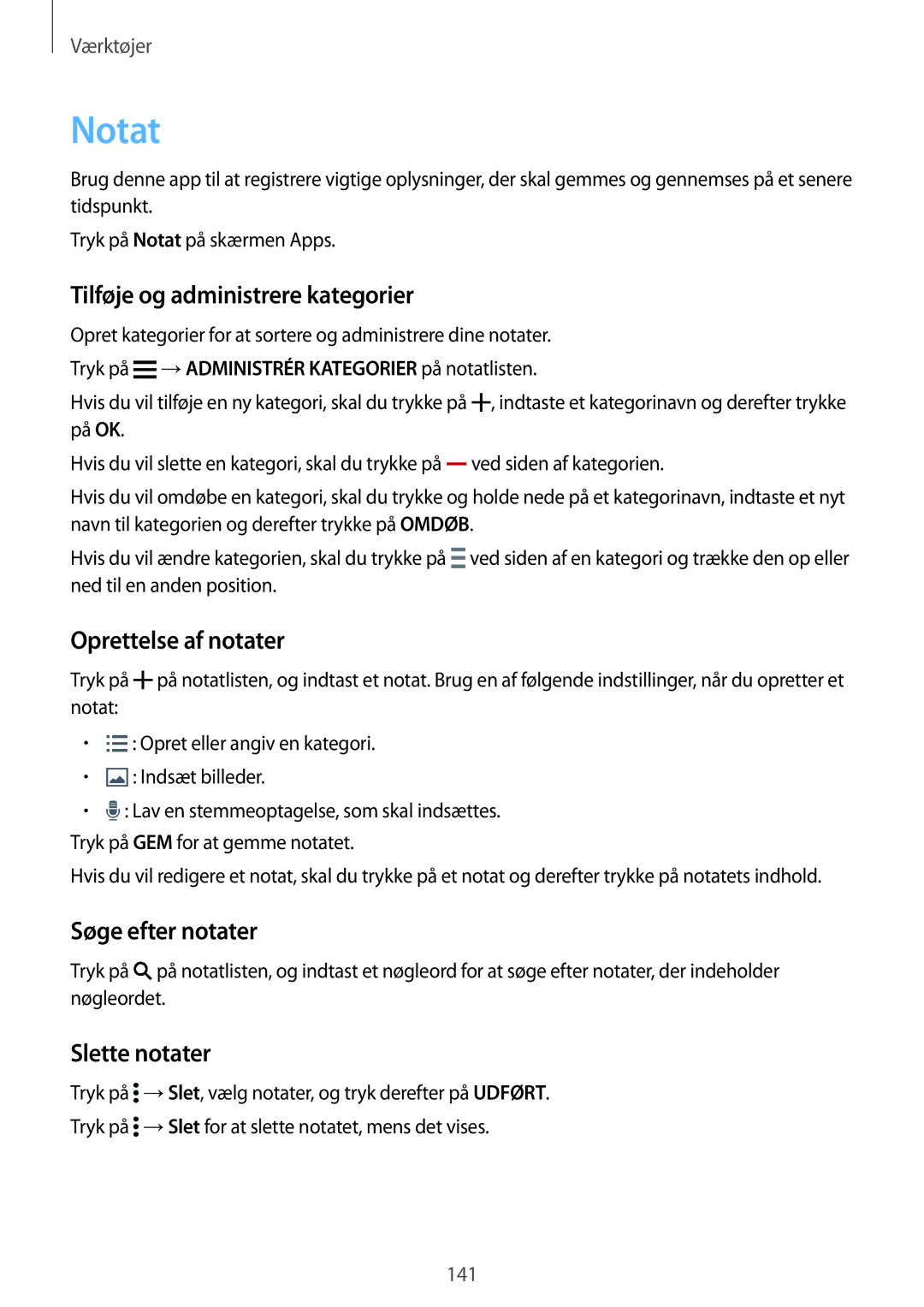 Samsung SM-G901FZBATEN manual Notat, Tilføje og administrere kategorier, Oprettelse af notater, Søge efter notater 