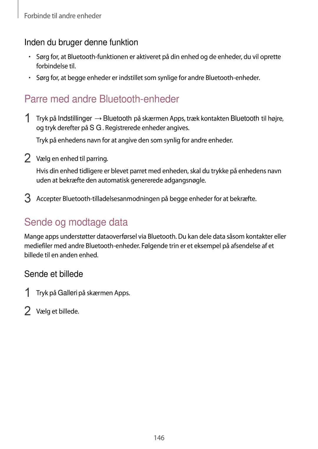 Samsung SM-G901FZKATEN, SM-G901FZBANEE manual Parre med andre Bluetooth-enheder, Sende og modtage data, Sende et billede 