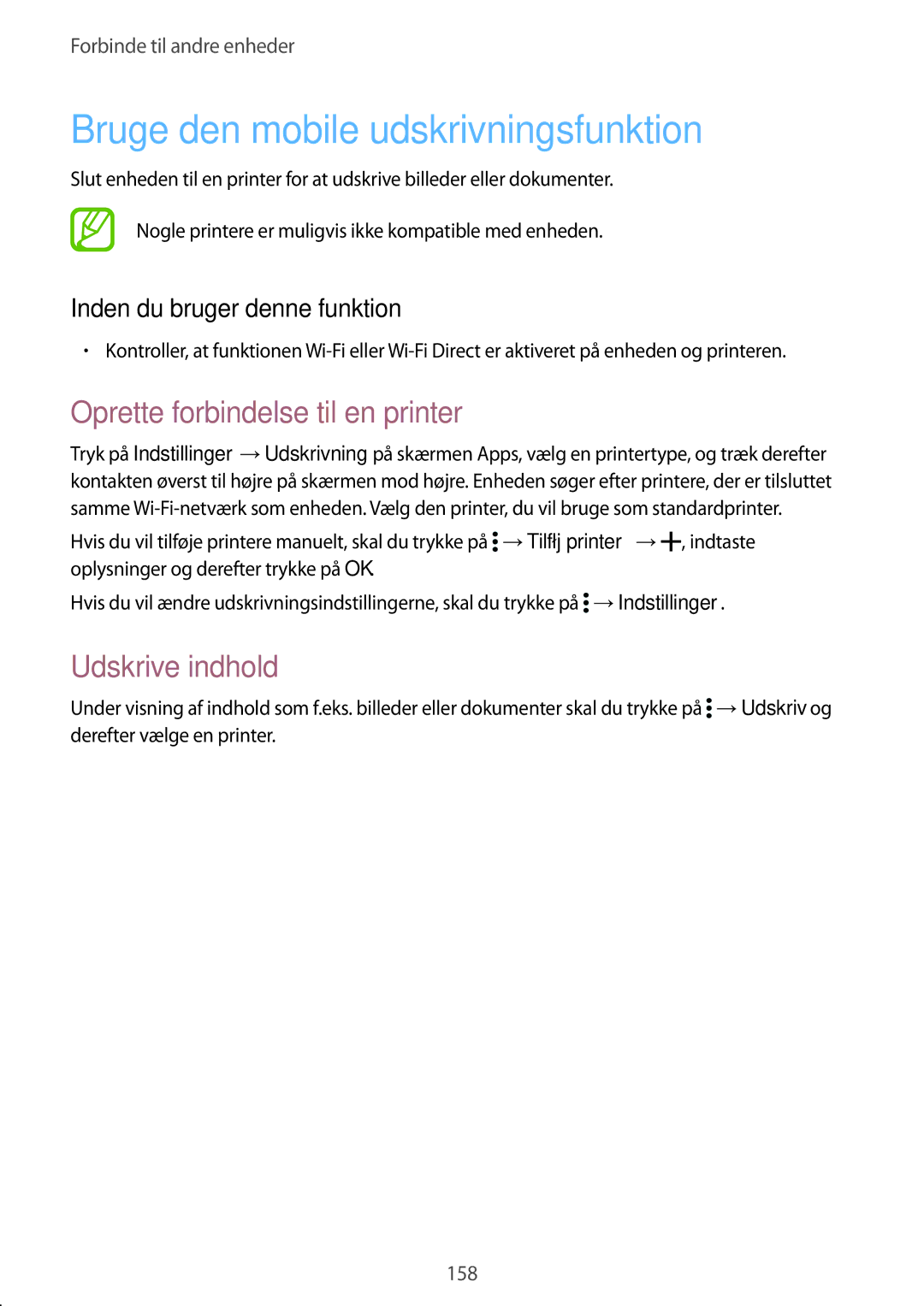 Samsung SM-G901FZKANEE manual Bruge den mobile udskrivningsfunktion, Oprette forbindelse til en printer, Udskrive indhold 
