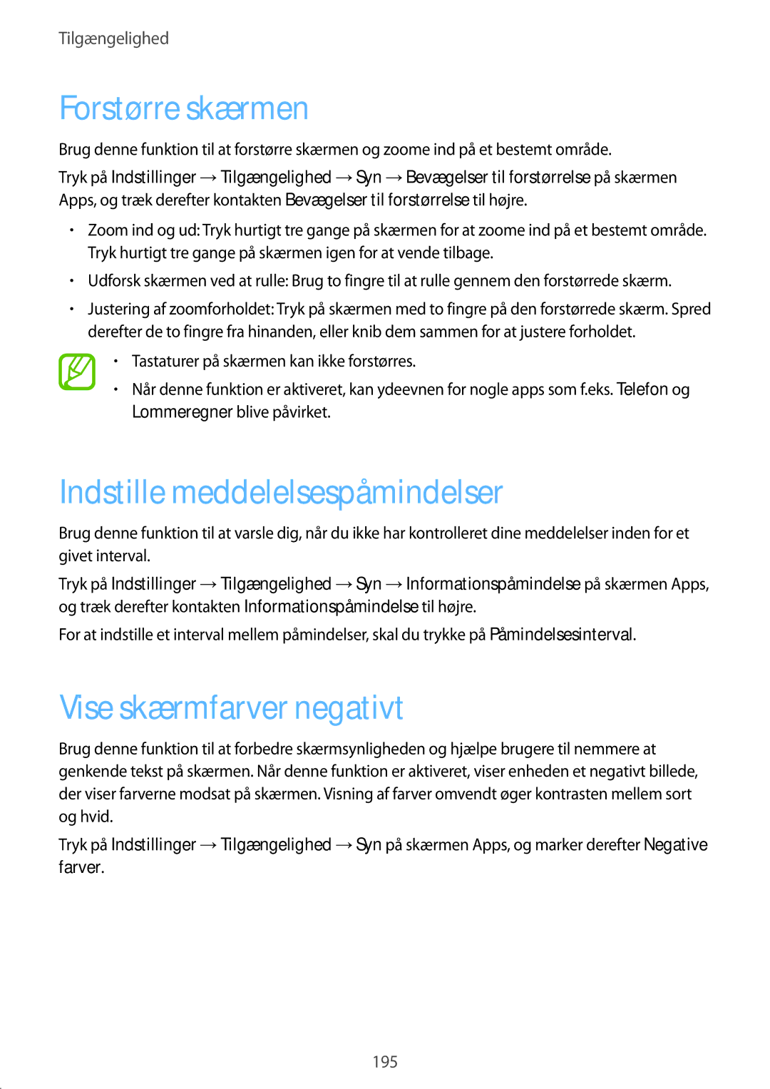 Samsung SM-G901FZDATEN, SM-G901FZBANEE manual Forstørre skærmen, Indstille meddelelsespåmindelser, Vise skærmfarver negativt 