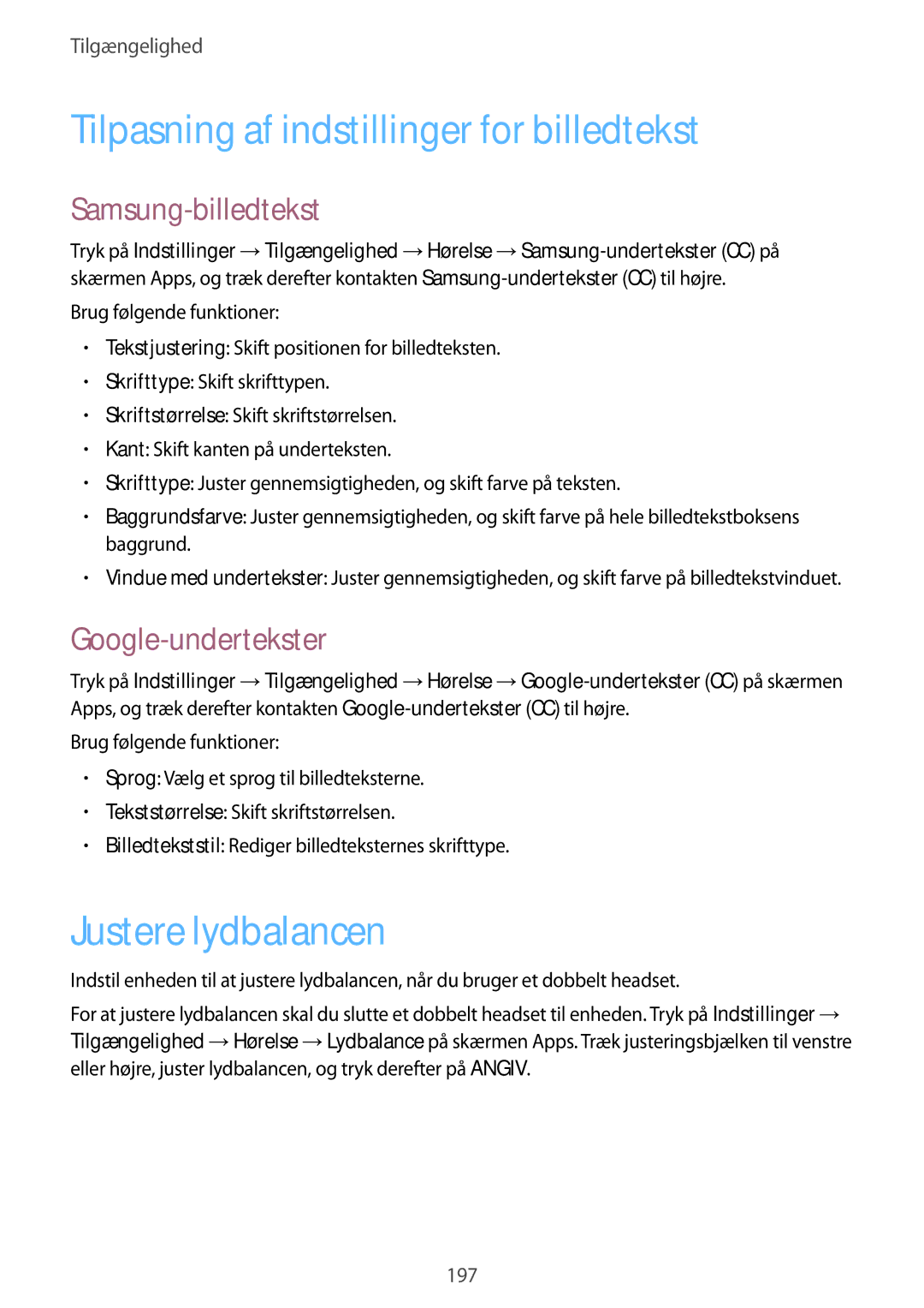 Samsung SM-G901FZBATEN manual Tilpasning af indstillinger for billedtekst, Justere lydbalancen, Samsung-billedtekst 