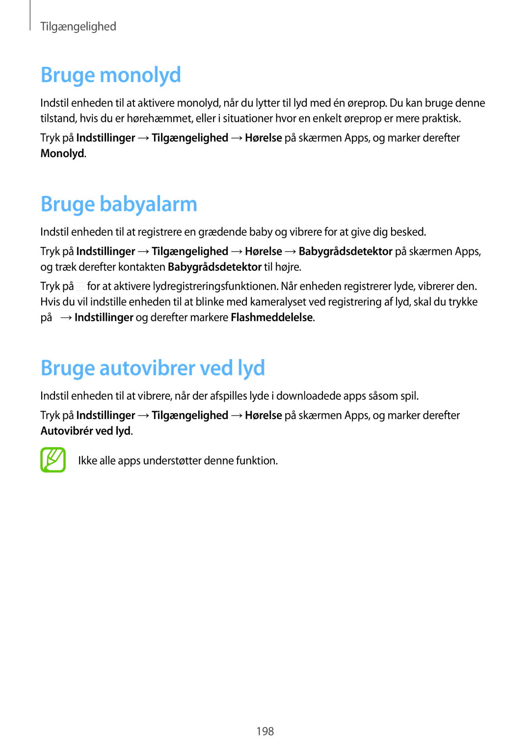 Samsung SM-G901FZKANEE, SM-G901FZBANEE, SM-G901FZWANEE manual Bruge monolyd, Bruge babyalarm, Bruge autovibrer ved lyd 