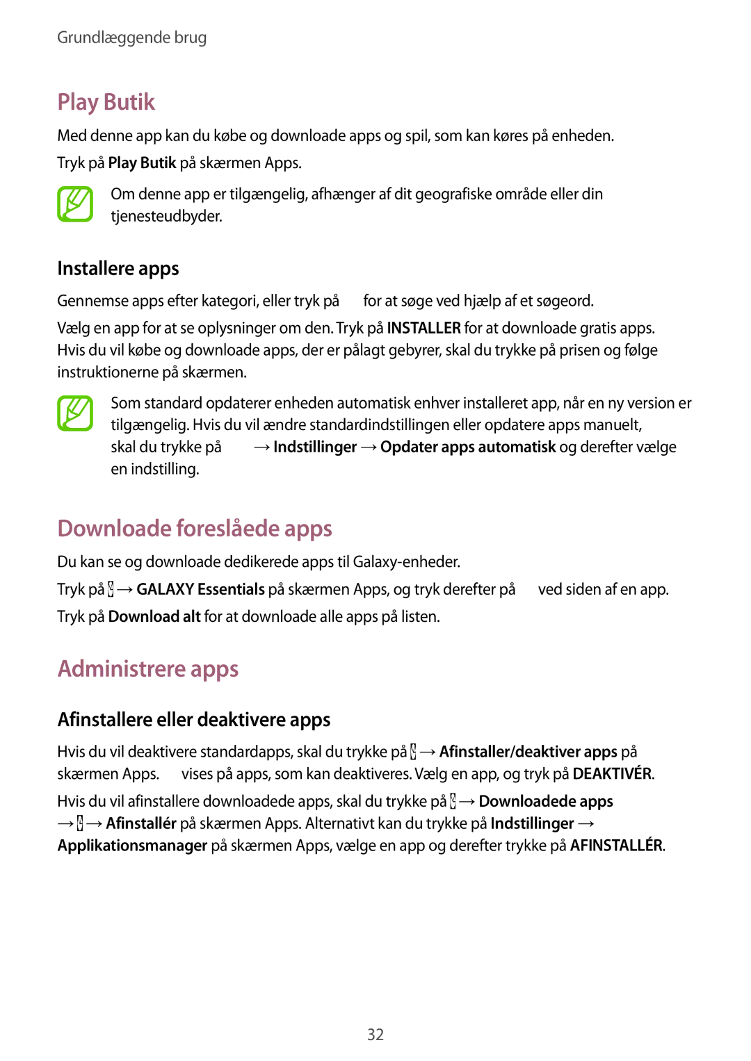 Samsung SM-G901FZBANEE manual Play Butik, Downloade foreslåede apps, Administrere apps, Afinstallere eller deaktivere apps 