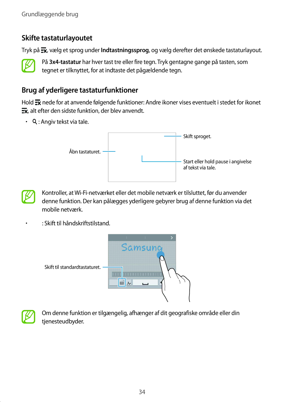 Samsung SM-G901FZKATEN, SM-G901FZBANEE, SM-G901FZWANEE manual Skifte tastaturlayoutet, Brug af yderligere tastaturfunktioner 