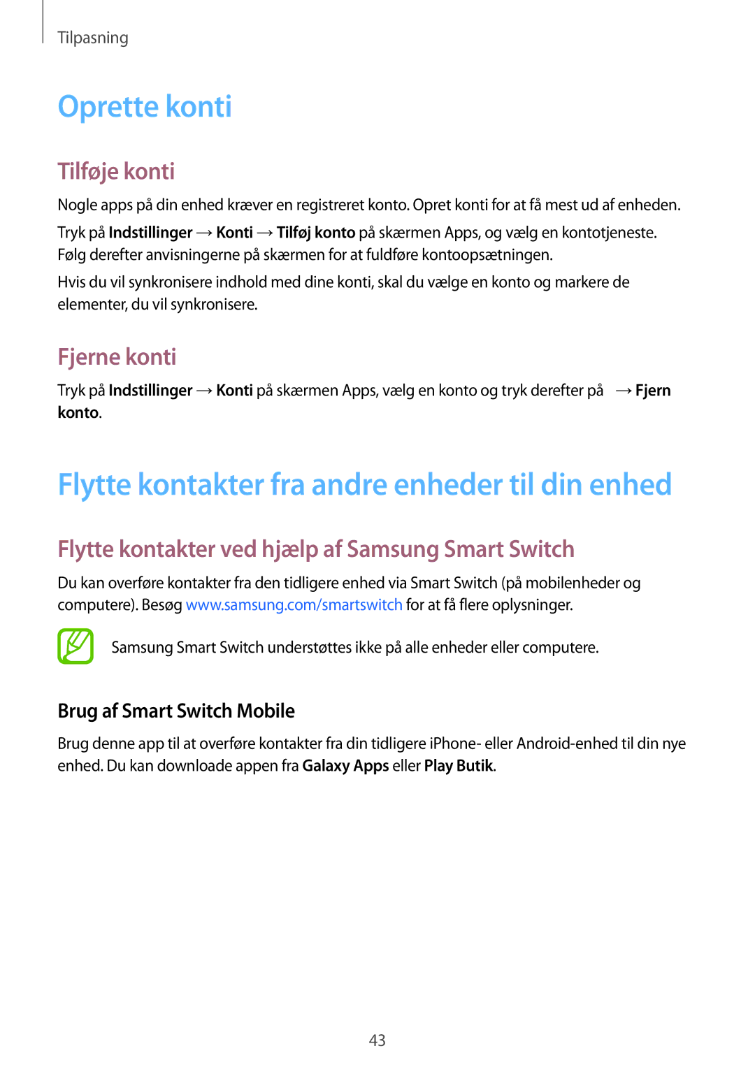 Samsung SM-G901FZDATEN Oprette konti, Tilføje konti, Fjerne konti, Flytte kontakter ved hjælp af Samsung Smart Switch 