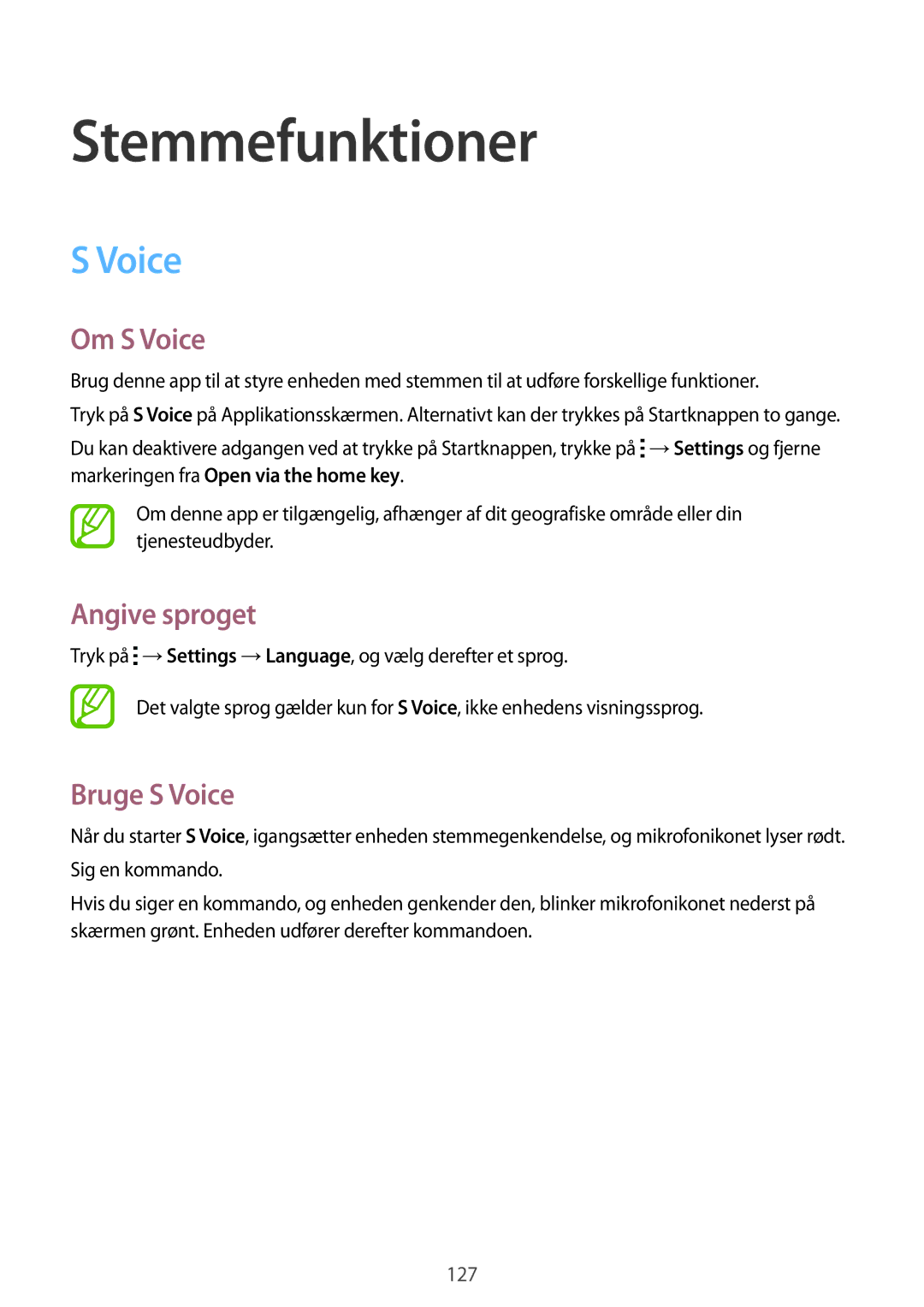Samsung SM-G901FZWATEN, SM-G901FZBANEE, SM-G901FZWANEE manual Stemmefunktioner, Om S Voice, Angive sproget, Bruge S Voice 
