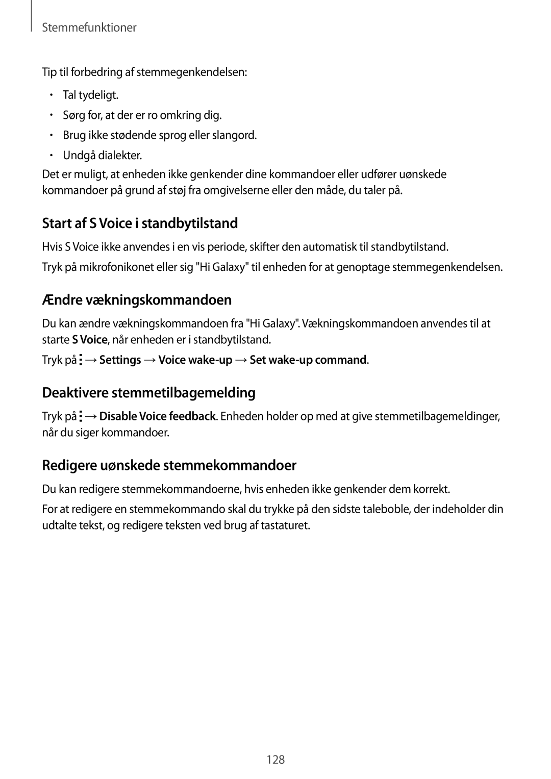Samsung SM-G901FZBANEE manual Start af S Voice i standbytilstand, Ændre vækningskommandoen, Deaktivere stemmetilbagemelding 