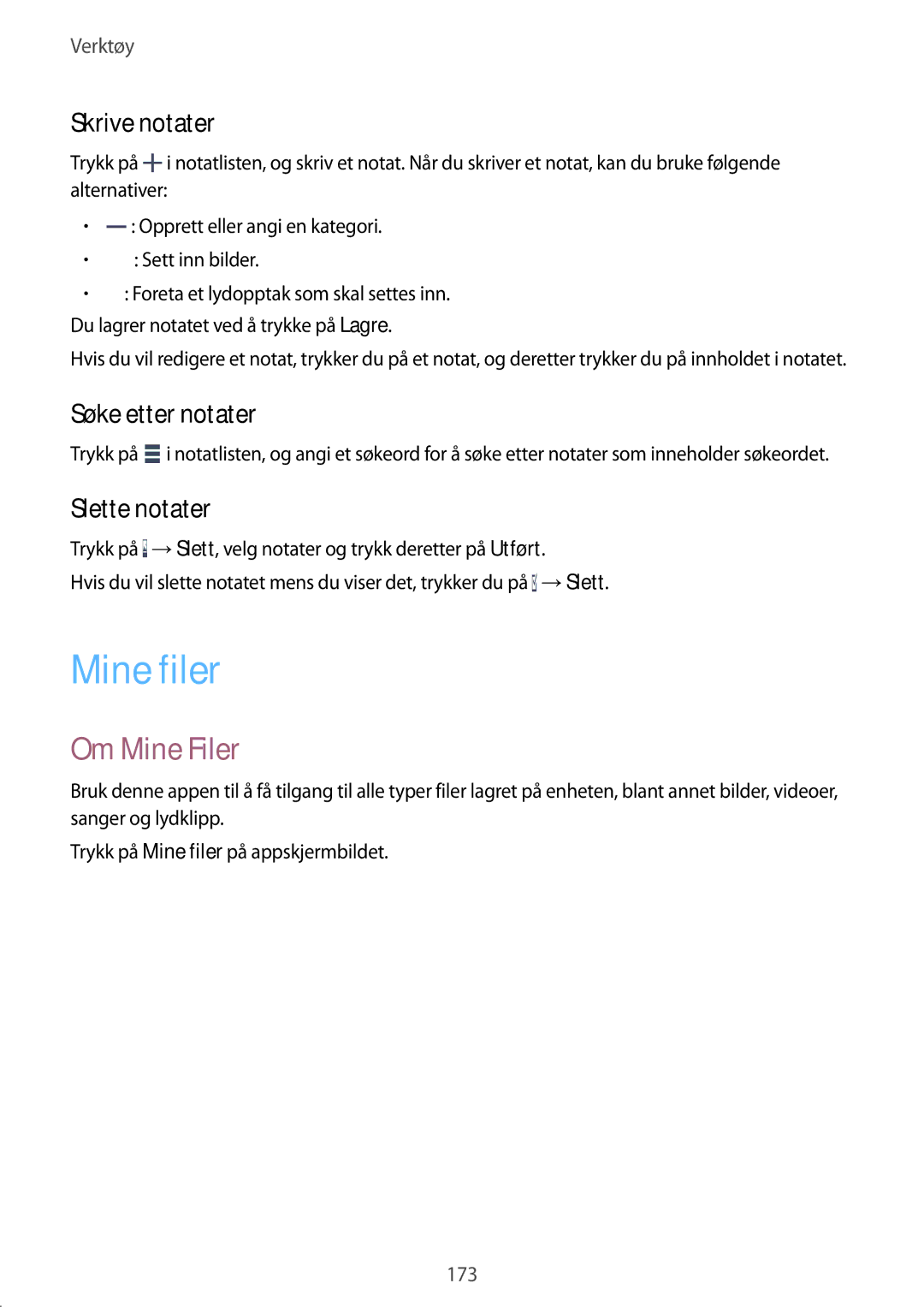 Samsung SM-G901FZBATEN, SM-G901FZBANEE manual Mine filer, Om Mine Filer, Skrive notater, Søke etter notater, Slette notater 