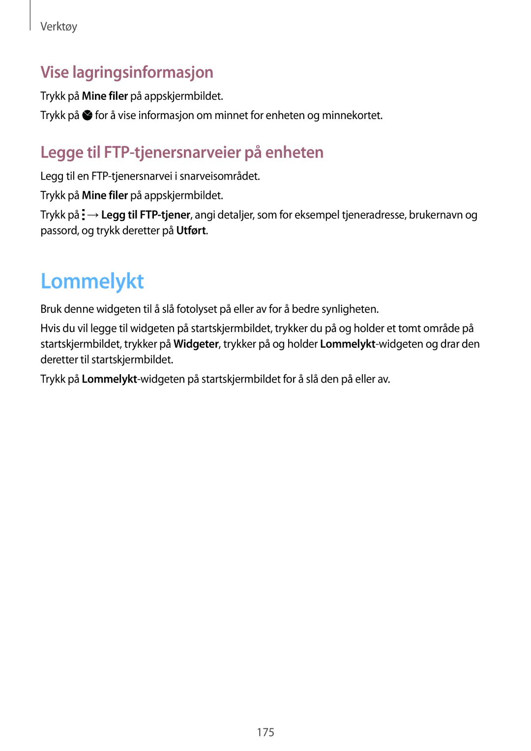 Samsung SM-G901FZWATEN, SM-G901FZBANEE manual Lommelykt, Vise lagringsinformasjon, Legge til FTP-tjenersnarveier på enheten 