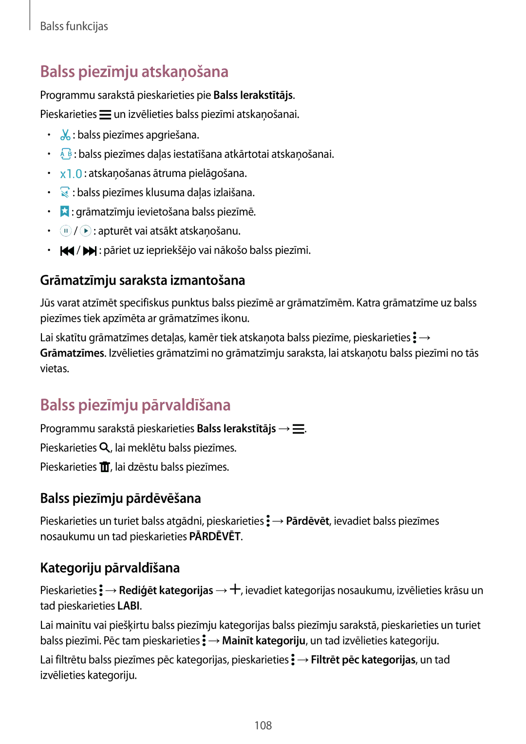 Samsung SM-G901FZDABAL manual Balss piezīmju atskaņošana, Balss piezīmju pārvaldīšana, Grāmatzīmju saraksta izmantošana 