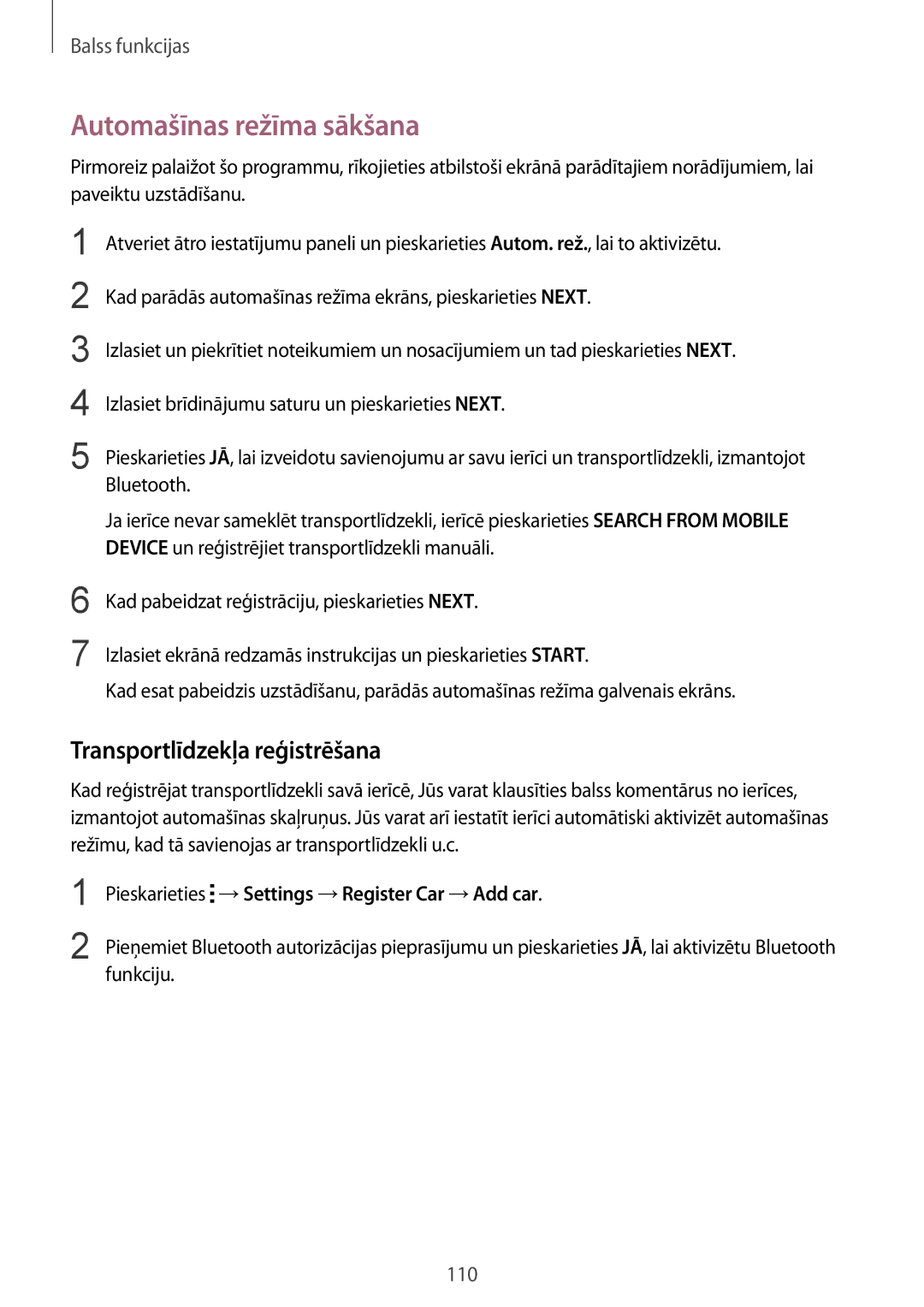 Samsung SM-G901FZWABAL, SM-G901FZDABAL, SM-G901FZKABAL manual Automašīnas režīma sākšana, Transportlīdzekļa reģistrēšana 