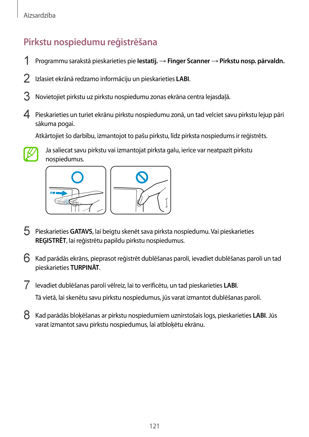 Samsung SM-G901FZKABAL manual Pirkstu nospiedumu reģistrēšana, REĢISTRĒT, lai reģistrētu papildu pirkstu nospiedumus 