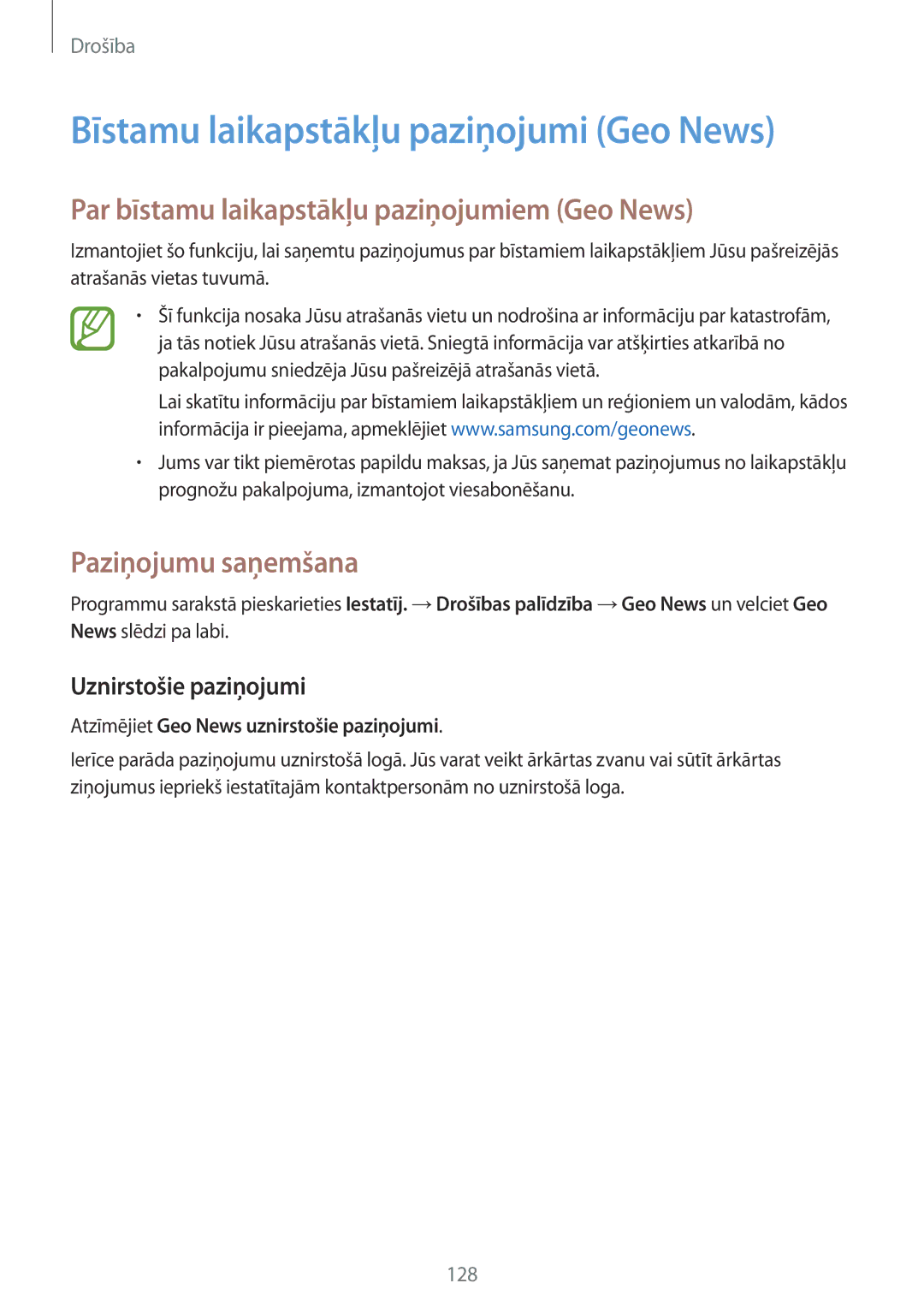 Samsung SM-G901FZDABAL manual Bīstamu laikapstākļu paziņojumi Geo News, Par bīstamu laikapstākļu paziņojumiem Geo News 