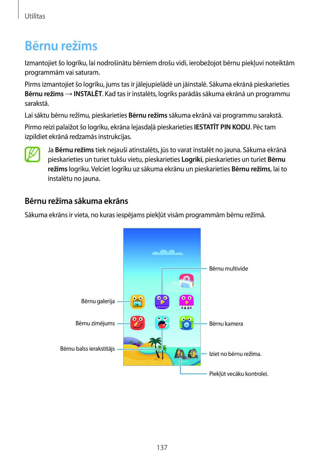 Samsung SM-G901FZKABAL, SM-G901FZDABAL, SM-G901FZWABAL, SM-G901FZBABAL manual Bērnu režīms, Bērnu režīma sākuma ekrāns 